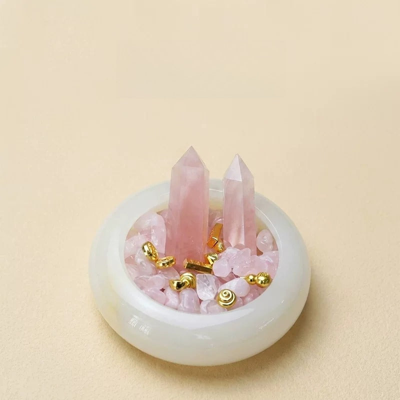 Natural rose quartz tower with jade bowl luxury crystal energy decor for home and gifts