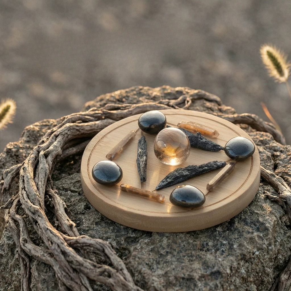Earth crystal grid set with 12 natural stones and bamboo tray for grounding protection