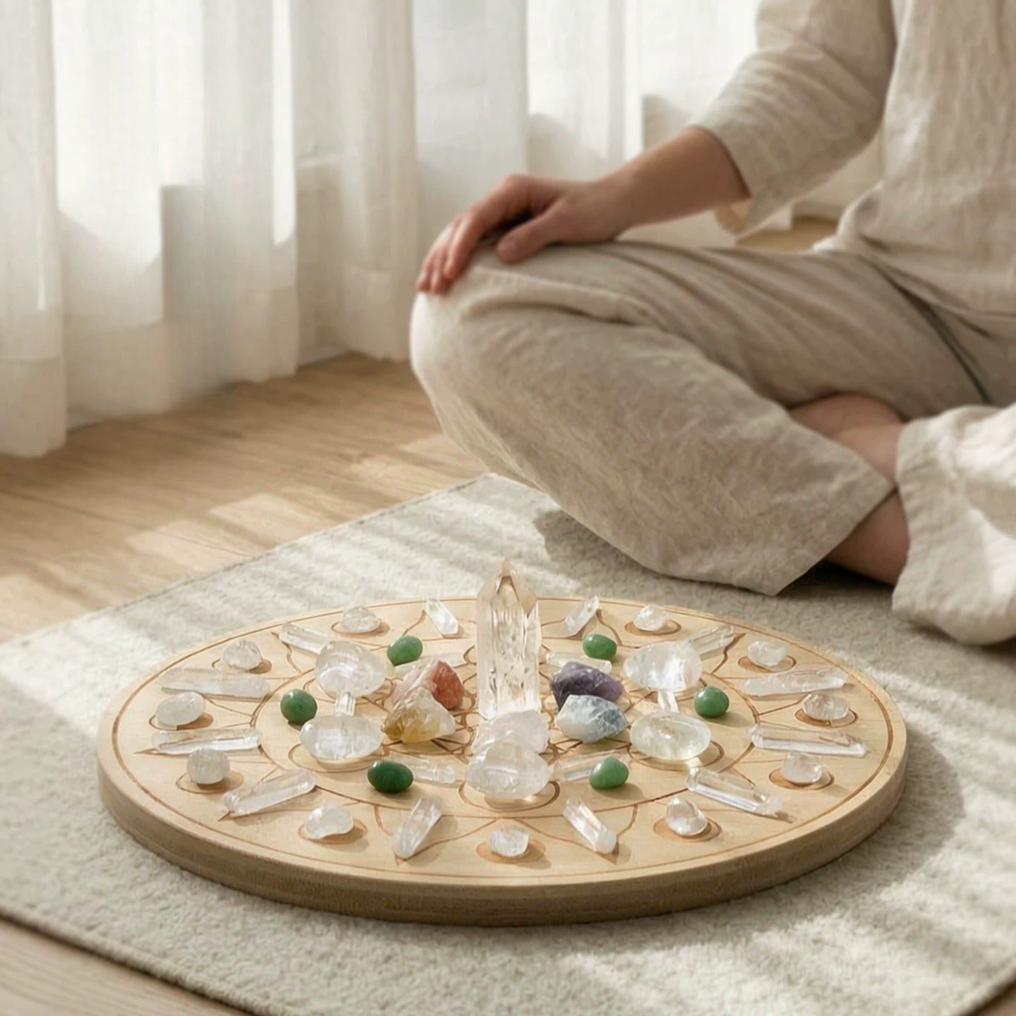Crystal grid gift box with bamboo tray ritual cards and mixed natural stones