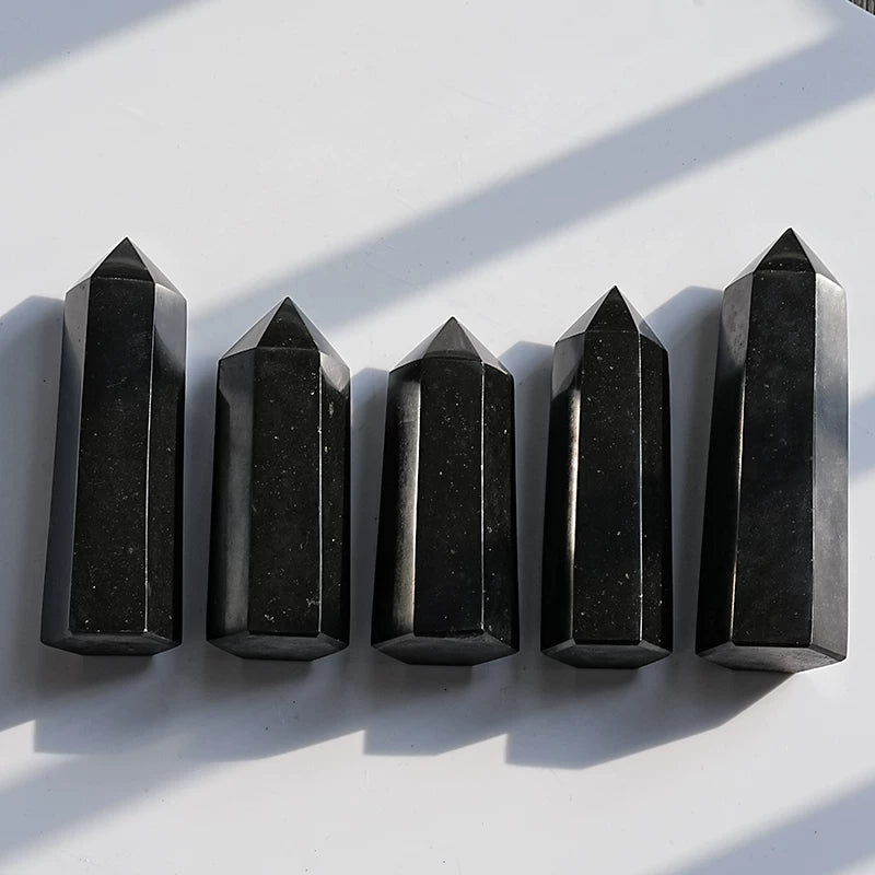 Polished black tourmaline tower natural schorl crystal with white mineral inclusions