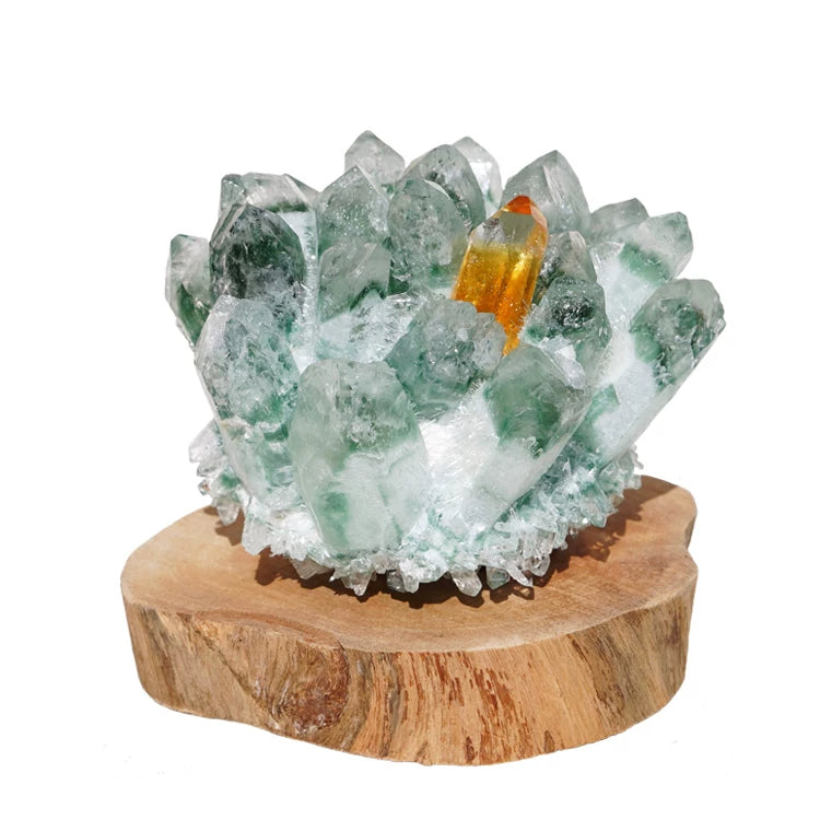 Green phantom quartz cluster with walnut base option for refined office decor