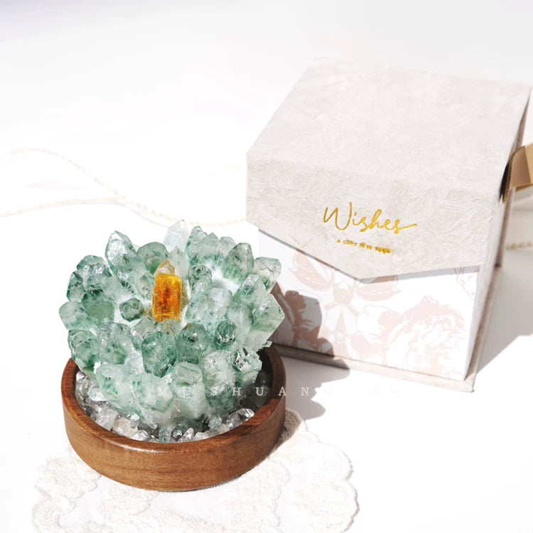 Green phantom quartz specimen with glass dome display option for protected decor