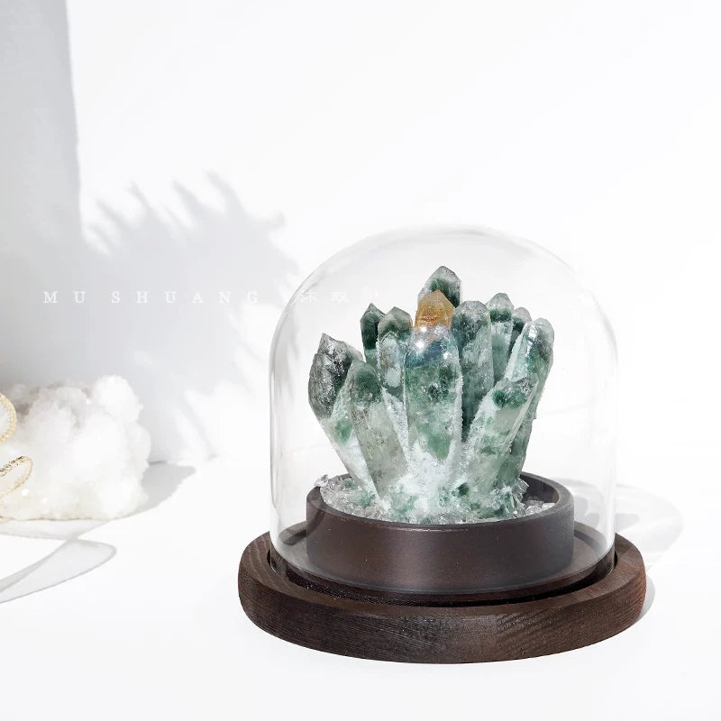 Green phantom quartz wealth crystal display with base options for collectors and gifts