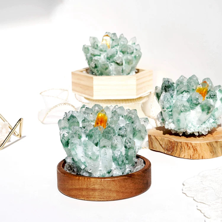 Green phantom quartz cluster with wood base for desk decor cleansing and gifts