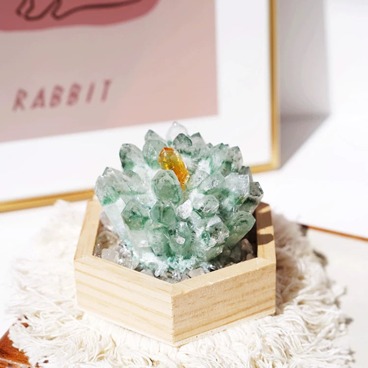 Natural green phantom quartz crystal cluster display wealth energy decor for office and home