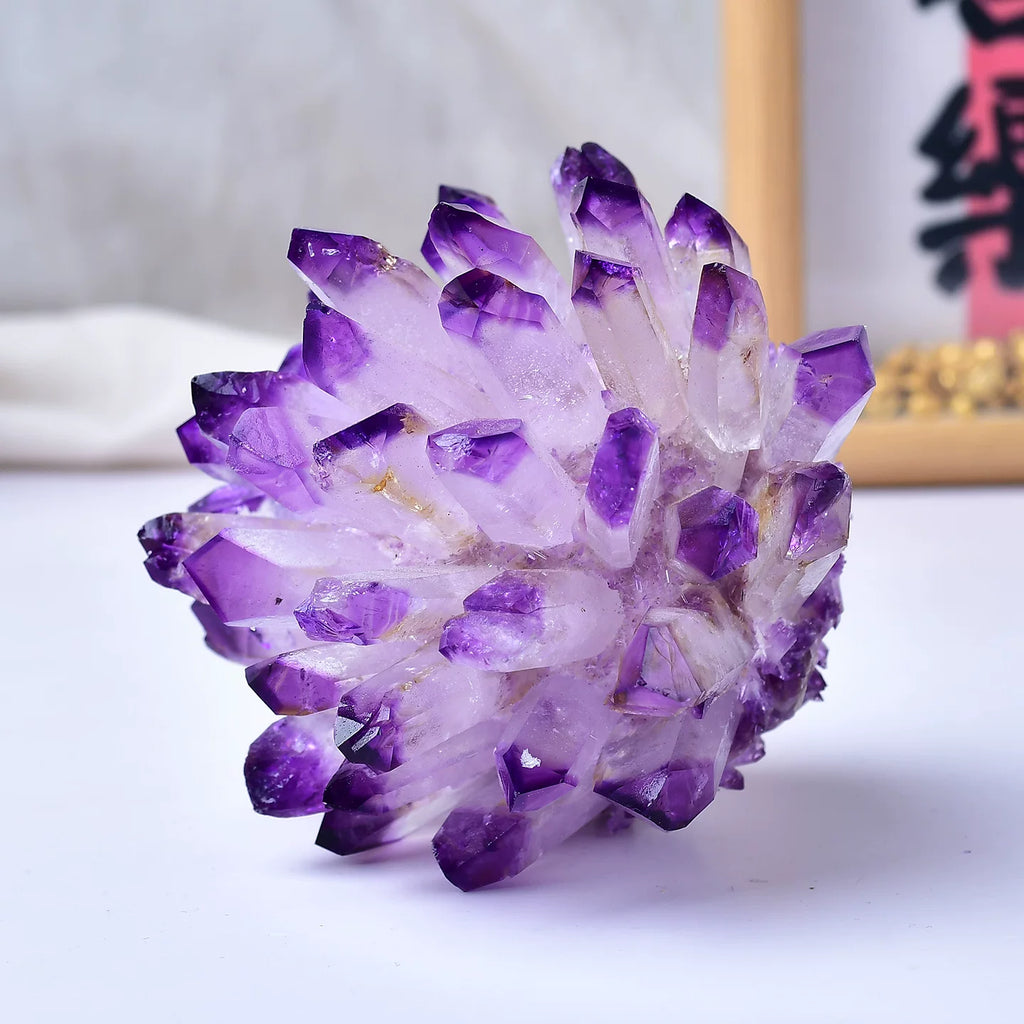 Natural amethyst cluster mineral specimen for calm energy and crystal collecting