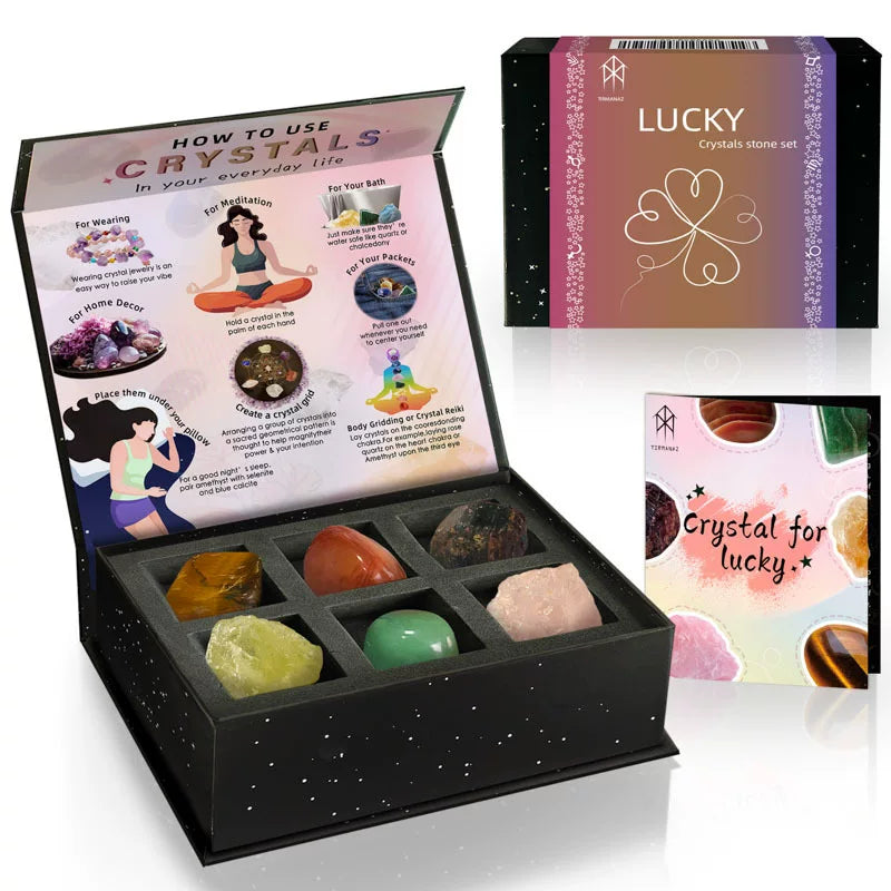 Themed natural crystal gift sets available for passion anxiety relief and luck