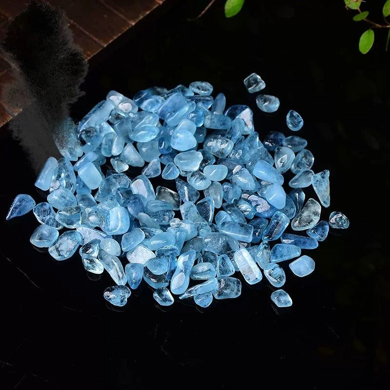 Natural aquamarine crystal chips available in 3-5mm 5-7mm 7-9mm and 9-12mm sizes