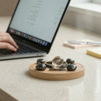 Natural crystals with bamboo tray for grounding rituals and mindful desk display